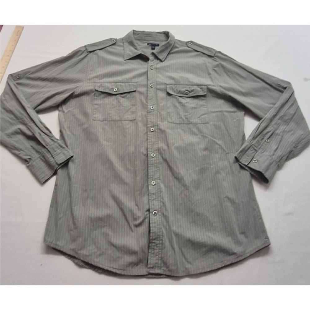 Gap men's gray long sleeve yellow striped button up shirt XL 100% Cotton pockets - Picture 2 of 13